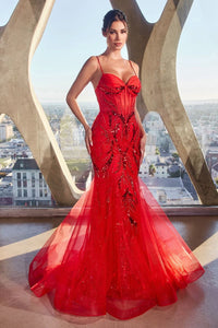 Accolade Prom Dress Sequin Accent Mermaid Gown 740352TIR-Red Cinderella Divine CM352 LaDivine CM352