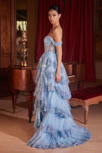 Adara Prom Dress Off the Shoulder Layered Gown 7401110TKR-Blue    Cinderella Divine KV1110 LaDivine KV1110