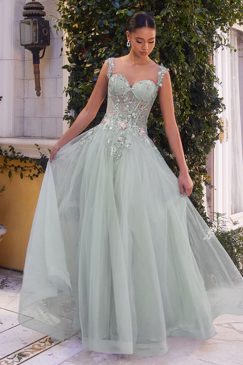 Aspirations Prom Dress Sheer Bodice Tulle Skirt Gown 6201258TWR-DustySage Andrea & Leo A1258  LaDivine A1258