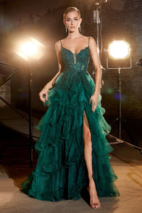 Bahama Prom Dress Lace Detail Tiered Gown 7402998TIE-Emerald LaDivine CC2998 Cinderella Divine CC2998 Andrea & Leo CC2998