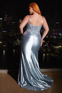 Bennett Prom Dress Lace & Satin Fitted Gown 740838TRR-DustyBlue Cinderella Divine CD838 LaDivine CD838