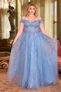 Betty Prom Dress Off the Shoulder A-line Lace Gown 740154TTR-Blue Cinderella Divine C154 LaDivine C154