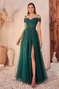 Betty Prom Dress Off the Shoulder A-line Lace Gown 740154TTR-Emerald Cinderella Divine C154 LaDivine C154