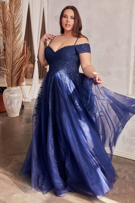 Betty Prom Dress Off the Shoulder A-line Lace Gown 740154TTR-Navy Cinderella Divine C154 LaDivine C154