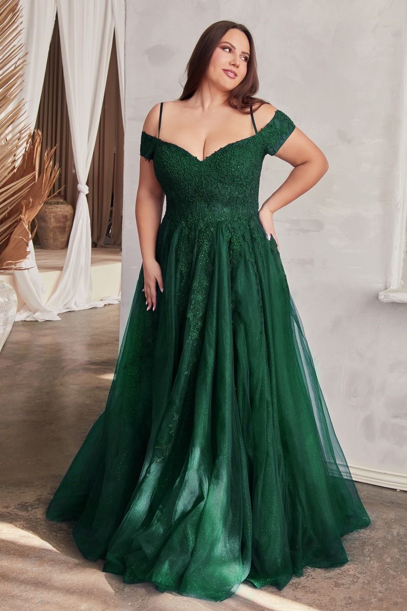Betty Prom Dress Off the Shoulder A-line Lace Gown 740154TTR-Emerald Cinderella Divine C154 LaDivine C154
