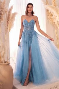 Bliss Prom Dress Strapless Lace & Tulle Gown 740148ER-Blue Cinderella Divine C148  LaDivine C148
