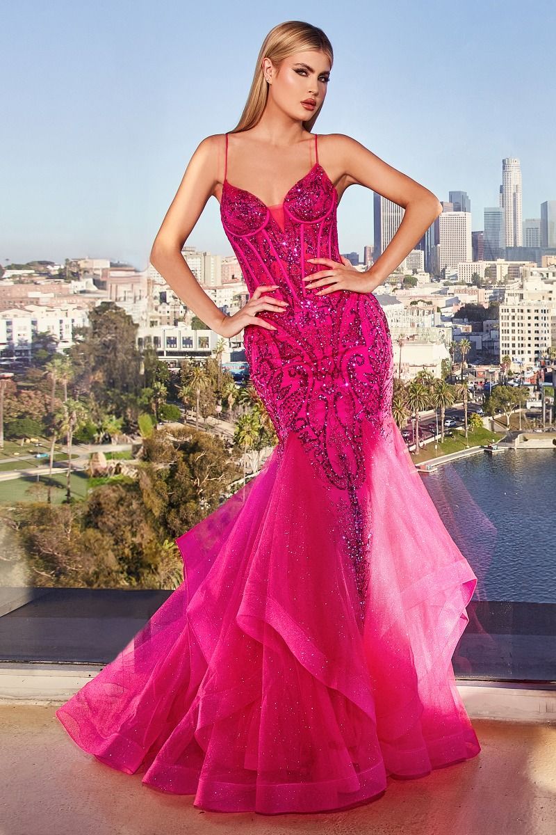 Calabria Prom Dress Mermaid Corset Back Gown 740353TRR-Fuchsia Cinderella Divine CM353 LaDivine CM353