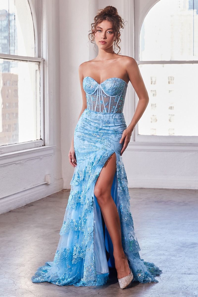 Captiva Prom Dress Strapless Layered Mermaid Gown 6201095THR-Blue Cinderella Divine KV1095  LaDivine KV1095