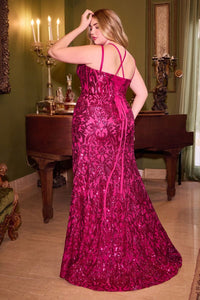 Charming Prom Dress Sequin Printed Gown 740334TTR-Magenta Cinderella Divine CM334  LaDivine CM334