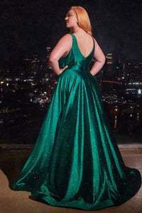 Crawford Prom Dress A-line Glitter Satin Gown 7402349AK-Emerald Cinderella Divine CC2349 LaDivine CC2349
