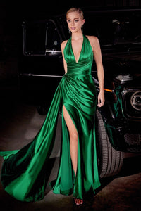 Cyrus Prom Dress Satin Halter Gown 740079AR-Emerald Cinderella Divine CH079  LaDivine CH079