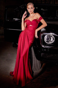 Demure Prom Dress Fitted Stretch Satin Gown 740836AR-DeepRed LaDivine CD836