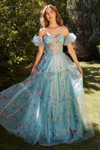 Desire Prom Dress Floral Printed Ball Gown 6201285TKR-Blue         Andrea & Leo A1285  LaDivine A1285