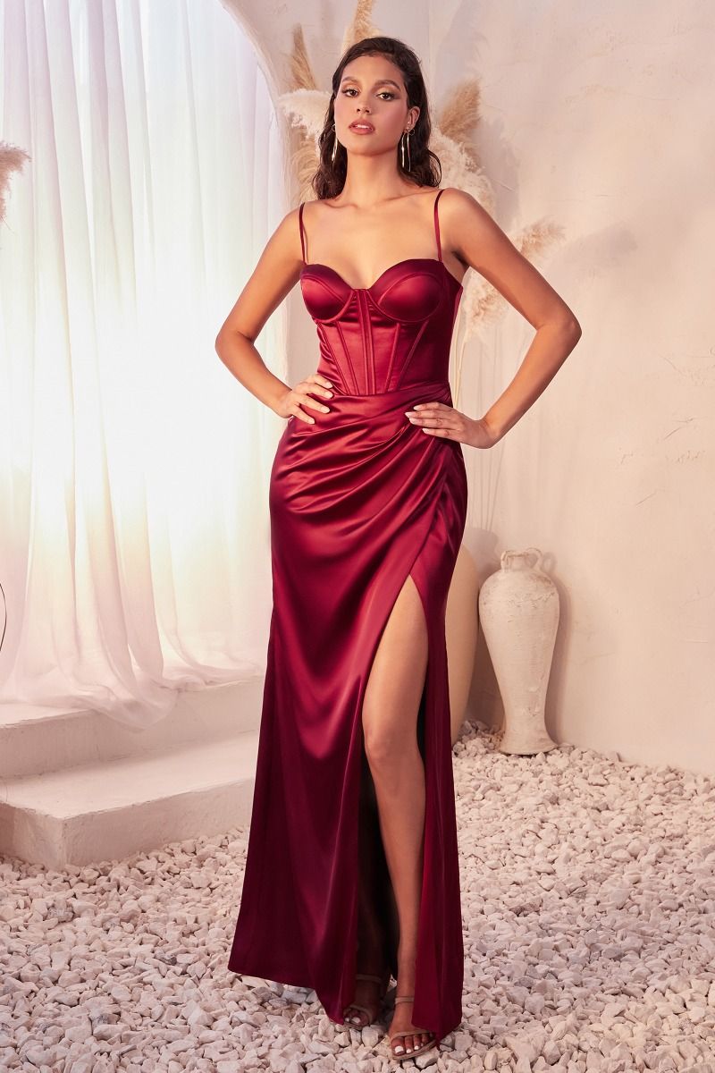 Electra Prom Dress Fitted Satin Bustier Gown 7407495WR-Burgundy LaDivine 7495 Cinderella Divine 7495