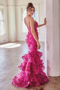 Everlasting Prom Dress Floral Appliqued Mermaid Gown 7402288TTR-Fuschia Cinderella Divine CC2288   LaDivine CC2288