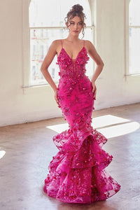 Everlasting Prom Dress Floral Appliqued Mermaid Gown 7402288TTR-Fuschia Cinderella Divine CC2288   LaDivine CC2288