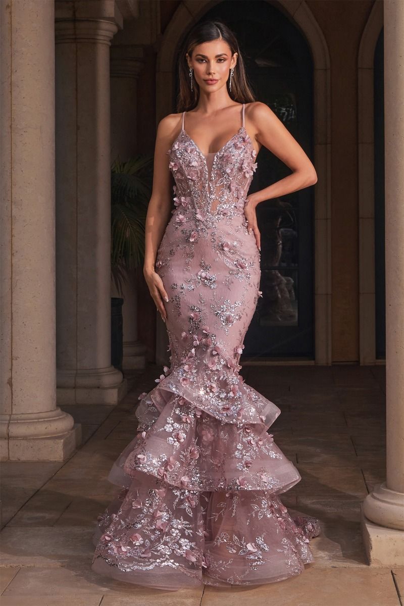 Everlasting Prom Dress Floral Appliqued Mermaid Gown 7402288TTR-Mauve Cinderella Divine CC2288   LaDivine CC2288
