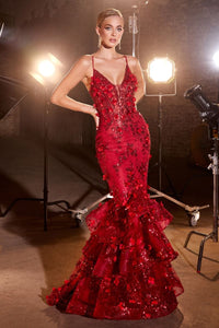 Everlasting Prom Dress Floral Appliqued Mermaid Gown 7402288TTR-Red Cinderella Divine CC2288   LaDivine CC2288