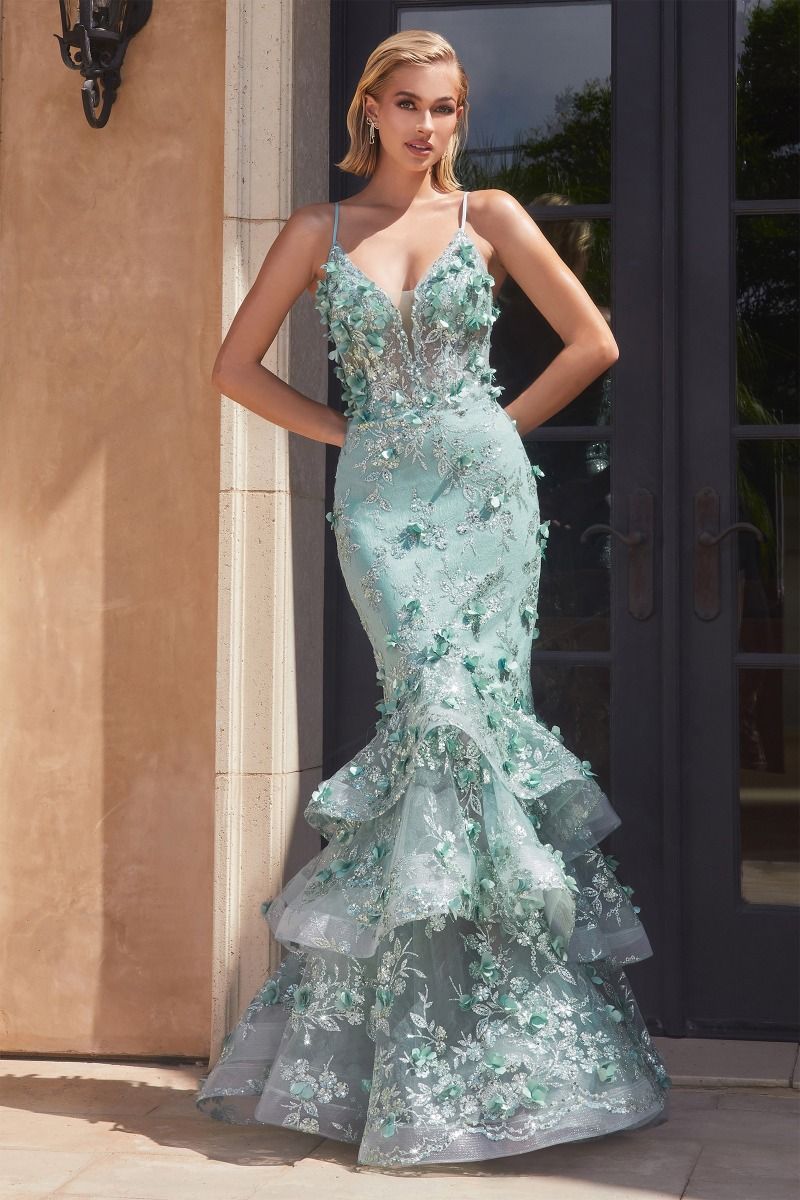 Everlasting Prom Dress Floral Appliqued Mermaid Gown 7402288TTR-Sage Cinderella Divine CC2288   LaDivine CC2288