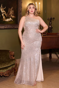 Forbidden Prom Dress Fitted One Shoulder Sequin Gown 74077XR-Platinum LaDivine CH077 Cinderella Divine CH077