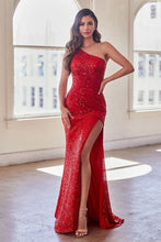 Load image into Gallery viewer, Forbidden Prom Dress Fitted One Shoulder Sequin Gown 74077XR-Red LaDivine CH077 Cinderella Divine CH077