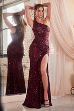 Load image into Gallery viewer, Forbidden Prom Dress Fitted One Shoulder Sequin Gown 74077XR-Wine LaDivine CH077 Cinderella Divine CH077