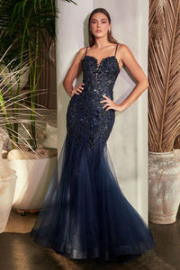 Forever Prom Dress Sequin Floral Print Mermaid Dress 740488TIR-Navy LaDivine CDS488 Cinderella Divine CDS488