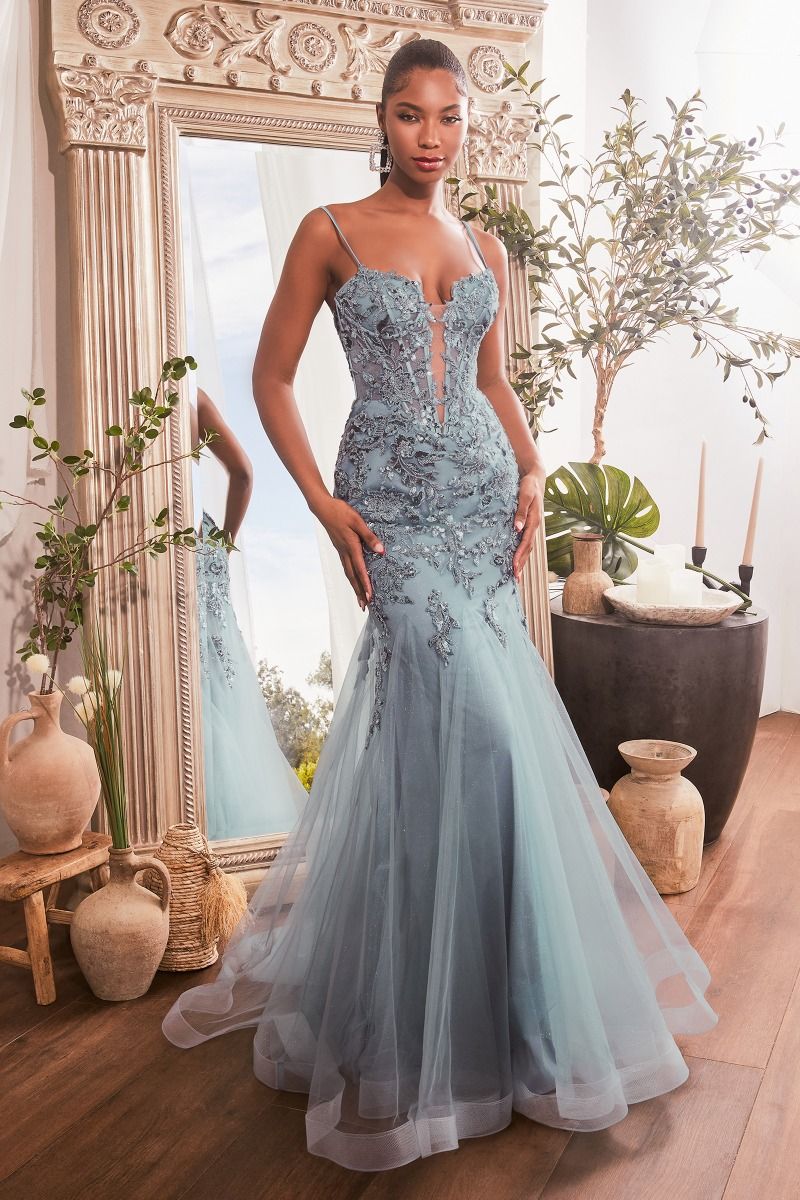 Forever Prom Dress Sequin Floral Print Mermaid Dress 740488TIR-SmokeyBlue LaDivine CDS488 Cinderella Divine CDS488