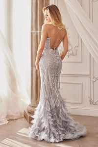 Jenner Prom Dress Feather Embellished Gown 6201229TAX-SilverNude Andrea & Leo A1229 LaDivine A122