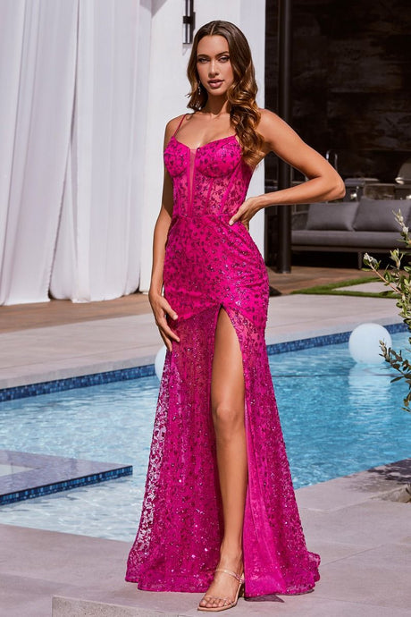 Jess Prom Dress Glitter Printed Gown 740155ER-Fuschia       Cinderella Divine C155   LaDivine C155