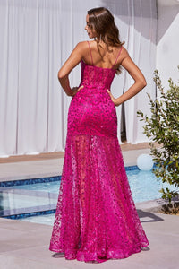 Jess Prom Dress Glitter Printed Gown 740155ER-Fuschia       Cinderella Divine C155   LaDivine C155