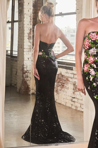 Juju Prom Dress Strapless Sequin Floral Pattern Gown 740811ITR-Black LaDivine CD811 Cinderella Divine CD811