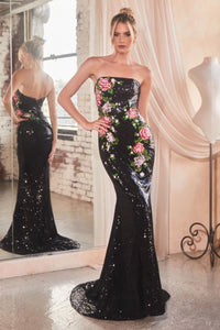 Juju Prom Dress Strapless Sequin Floral Pattern Gown 740811ITR-Black LaDivine CD811 Cinderella Divine CD811