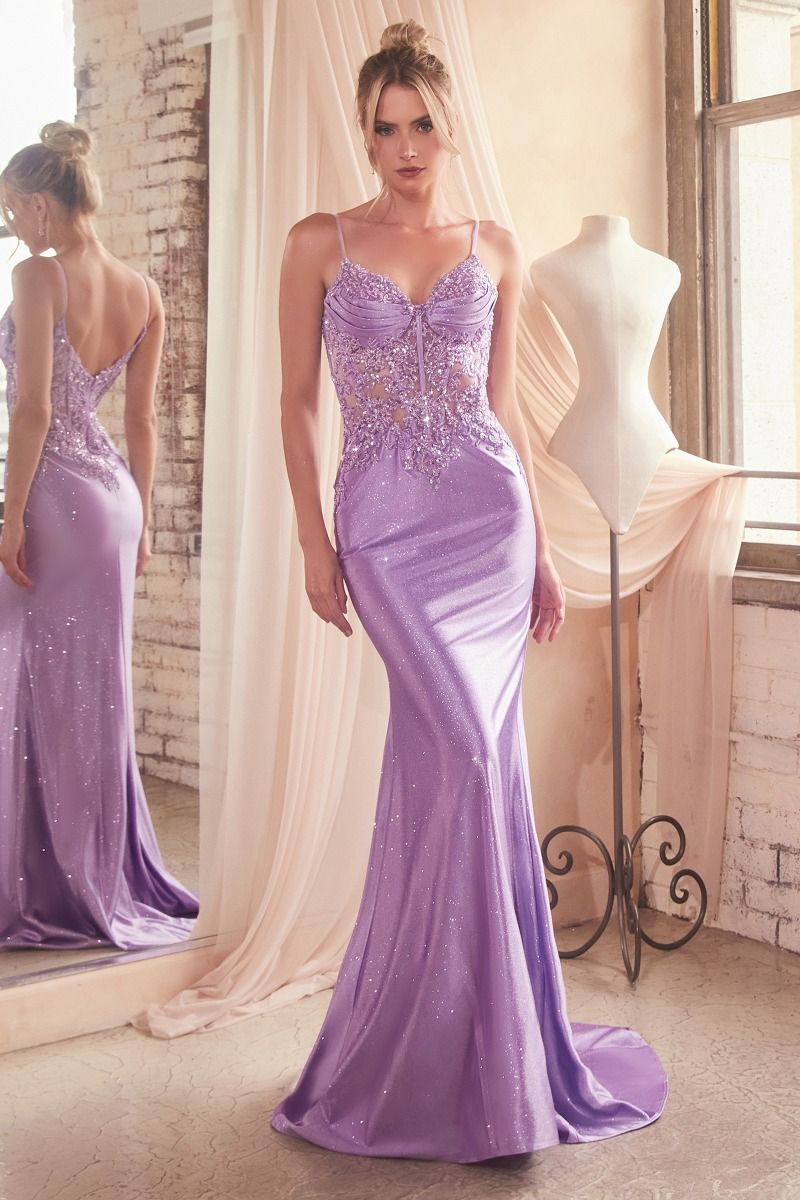 Julia Prom Dress Fitted Glitter and Lace Satin Gown 740450EE-Lavender LaDivine CDS450