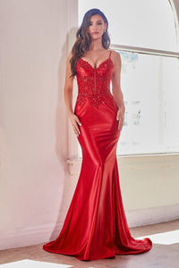 Julia Prom Dress Fitted Glitter and Lace Satin Gown 740450EE-Red LaDivine CDS450