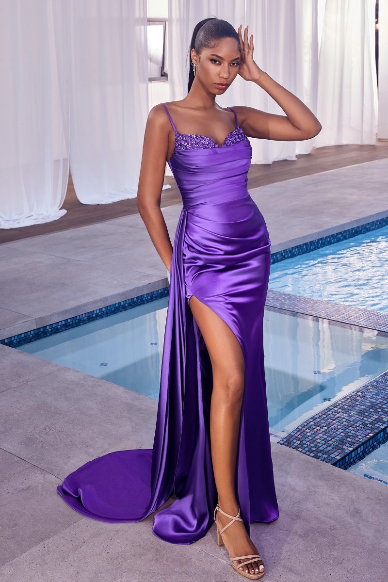Kendra Prom Dress Satin Pleated Embellished Gown LaDivine CD340 Cinderella Divine CD340 740340KR-NovaPurple