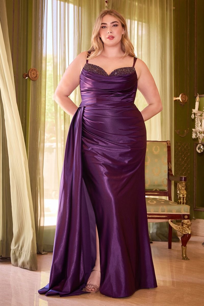 LaPorta Prom Dress Fitted Stretch Satin Gown 740349TRR-Eggplant Cinderella Divine CD349  LaDivine CD349