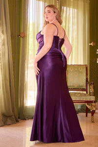 LaPorta Prom Dress Fitted Stretch Satin Gown 740349TRR-Eggplant Cinderella Divine CD349  LaDivine CD349