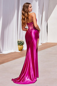 Lavish Prom Dress Strapless Lace & Satin Gown 740489ER-Magenta Cinderella Divine CDS489 LaDivine CDS489