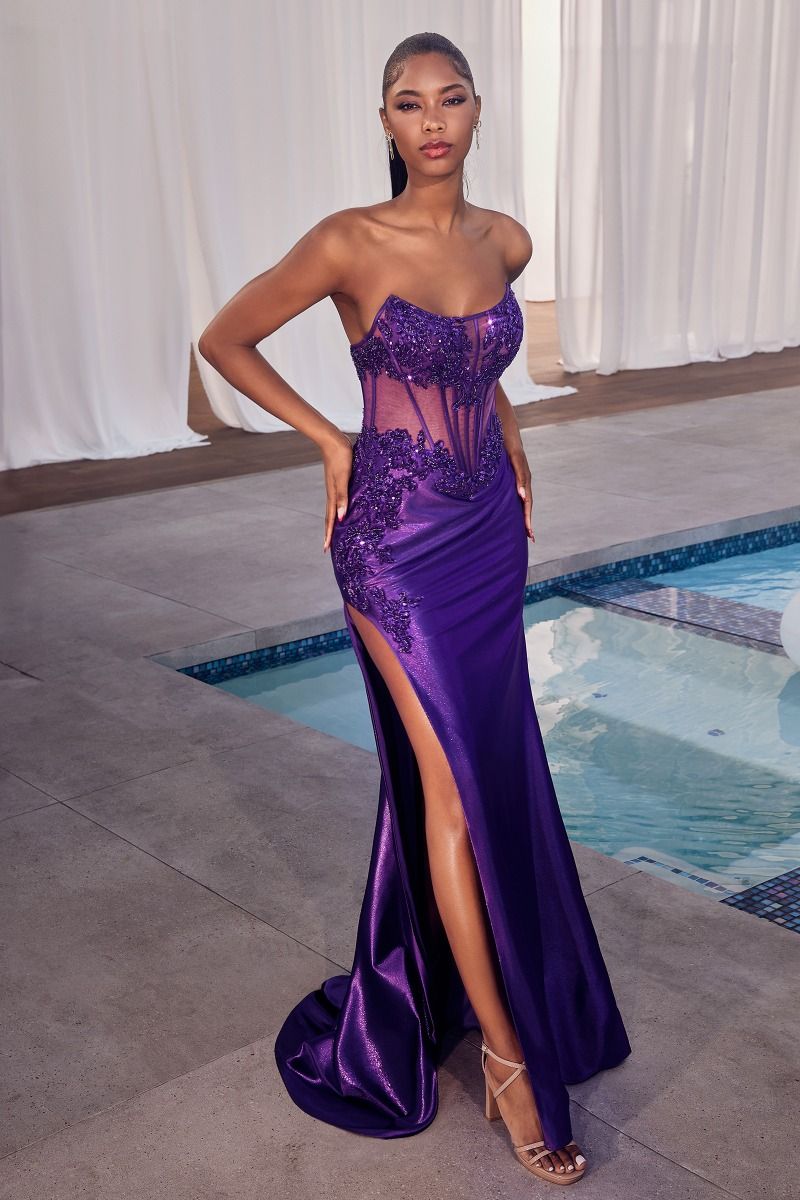 Lavish Prom Dress Strapless Lace & Satin Gown 740489ER-NovaPurple Cinderella Divine CDS489 LaDivine CDS489