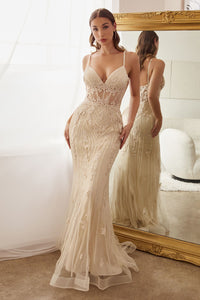 Margot Fitted Lace & Beaded Mermaid Prom Formal Gown 740992THR-Champagne  LaDivine CD992 Cinderella Divine CD992