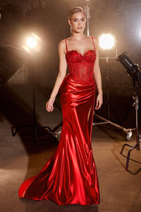 Marvel Prom Dress Embellished Satin & Lace Fitted Gown Cinderella Divine CD868 LaDivine CD868 740868TRR-Red