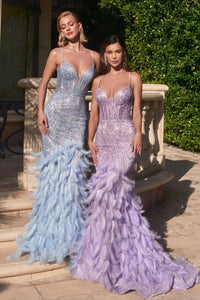Monet Prom Dress Feather Accented Mermaid Gown LaDivine CC2308   CInderella Divine CC2308 7402308THR-LightBlue