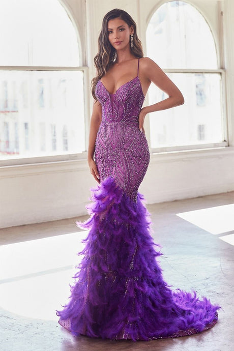 Monet Prom Dress Feather Accented Mermaid Gown LaDivine CC2308   CInderella Divine CC2308 7402308THR-NovaPurple