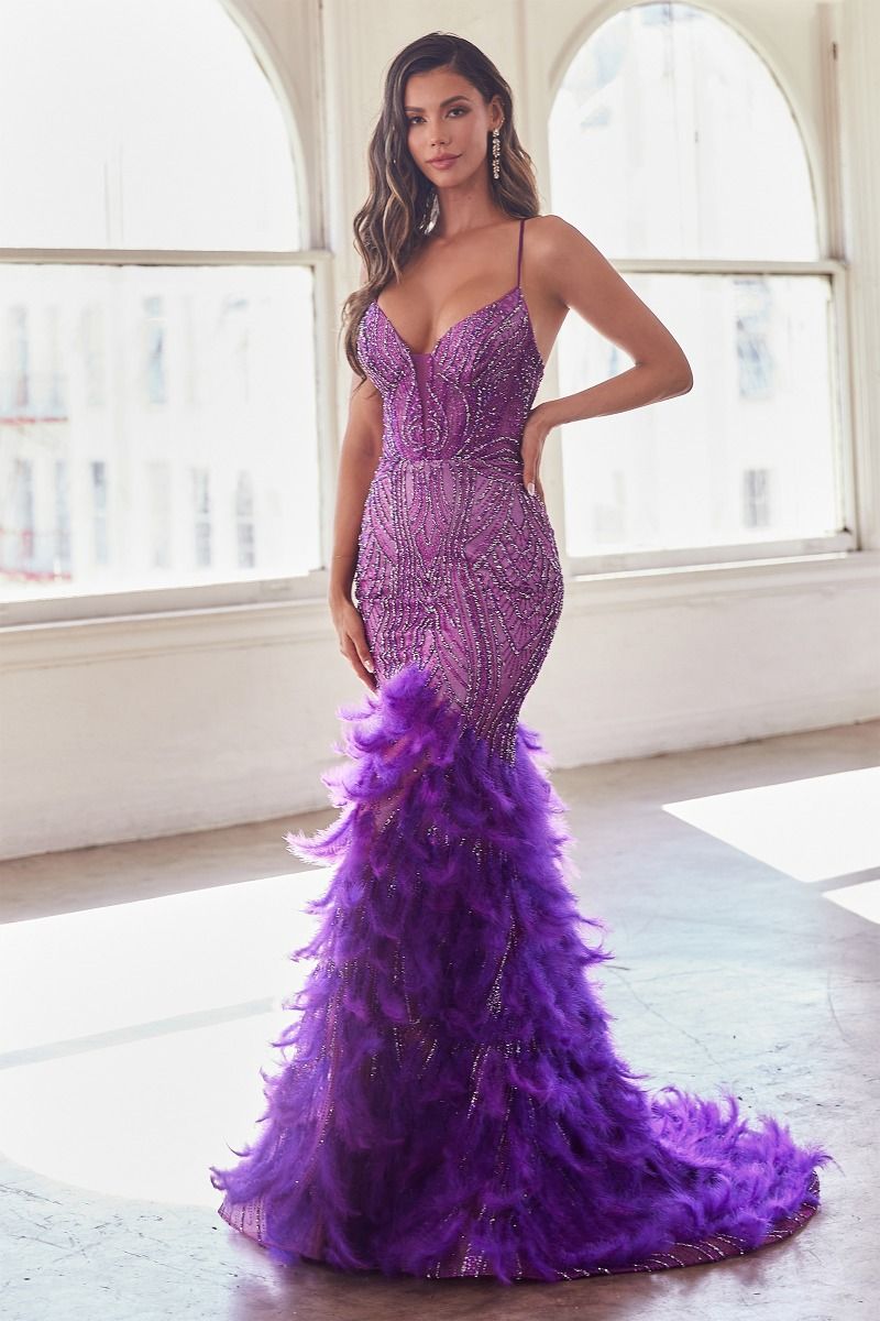 Monet Prom Dress Feather Accented Mermaid Gown LaDivine CC2308   CInderella Divine CC2308 7402308THR-NovaPurple