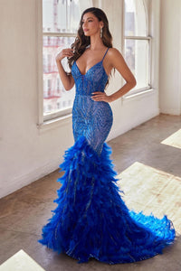 Monet Prom Dress Feather Accented Mermaid Gown LaDivine CC2308   CInderella Divine CC2308 7402308THR-Royal