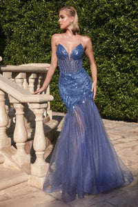 Perfection Prom Dress Strapless Sequin Mermaid Gown 740214TTK-LapisBlue LaDivine CD0214 Cinderella Divine CD0214