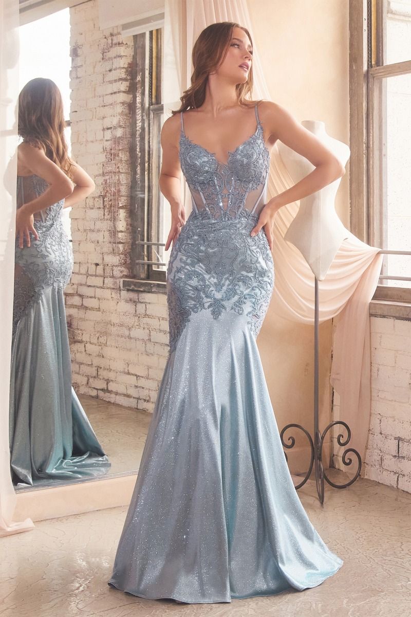 Pronovia Prom Dress Glitter & Lace Mermaid Gown 740470TNR-DustyBlue  Cinderella Divine CDS470  LaDivine CDS470