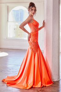 Pronovia Prom Dress Glitter & Lace Mermaid Gown 740470TNR-NeonOrange  Cinderella Divine CDS470  LaDivine CDS470