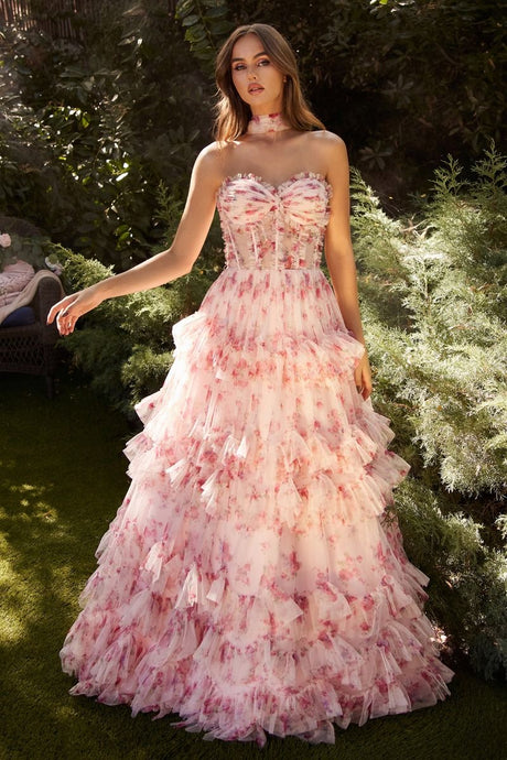 Rebecca Prom Dress Floral Printed Strapless Gown 6201334TKR-Blush   Andrea & Leo A1334